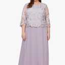 Plus Long Gown with Lace Bodice with 3/4 Illusion Sleeves, Scalloped Hem Detail and Chiffon Skirt 6P, Smokey Orchid Embroidery