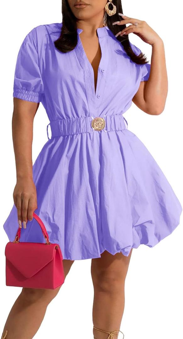 ENOPINK Womens Mini Dress Puff Sleeve Dresses 2026 Button Down Sexy V Neck A Line Party Clubwear with Belt (Purple) S