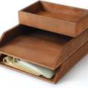 Beeveer 3 Pcs Wooden Letter Tray Wood Letter-Size Desk Organizer Heavy Duty 3 Tier Stackable Support Paper Tray Tabletop Inbox Drawer Desktop File Folder Magazine Office Back to School(Brown)
