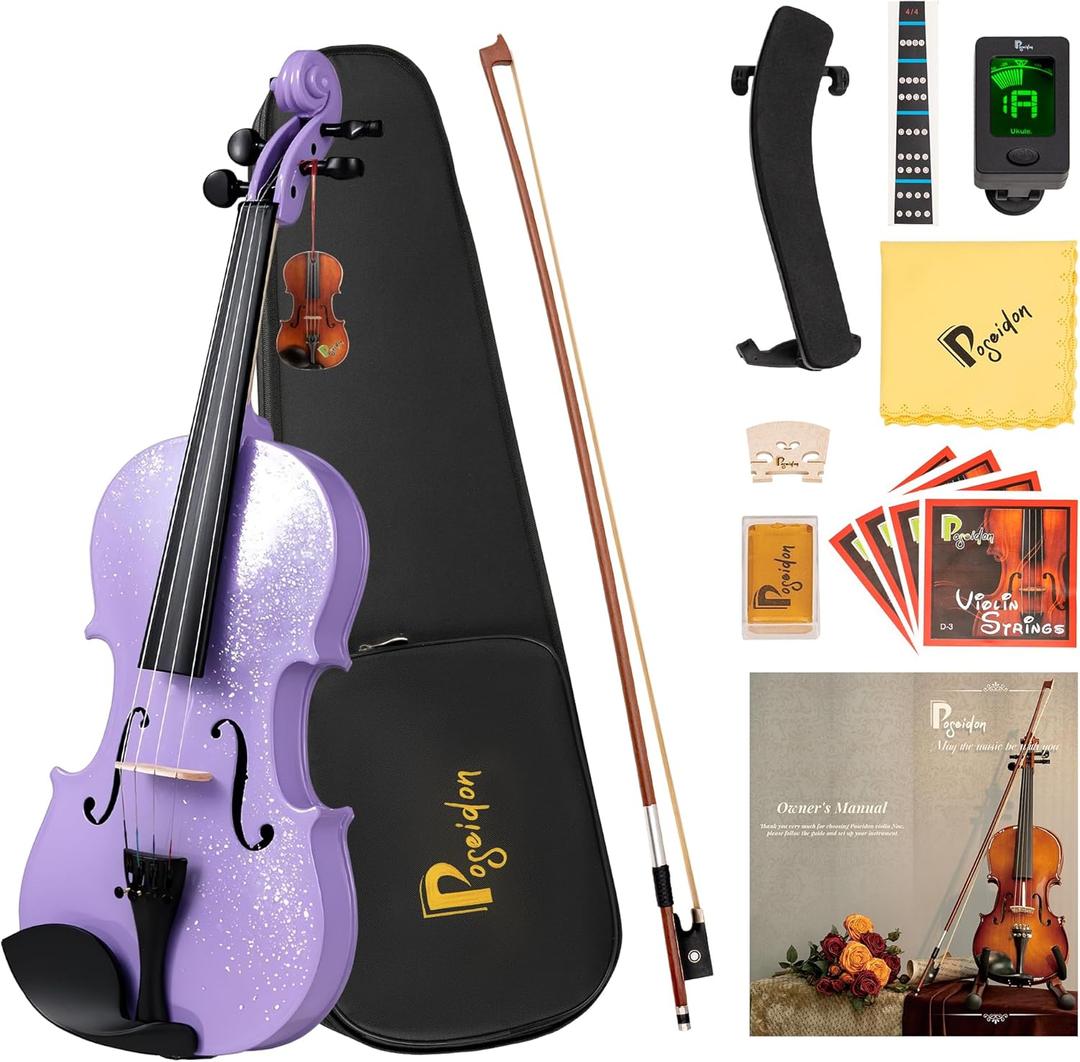 Poseidon Acoustic Violin for Beginner, Full Size Violin Set for Students with Hard Case, Extra 4/4 Strings Set, Violin Bow, Horse Bridge, Violin Rosin, Shoulder Rest, Clip-on Tuner, Manual - Purple (Glossy Purple(Starry Sky))