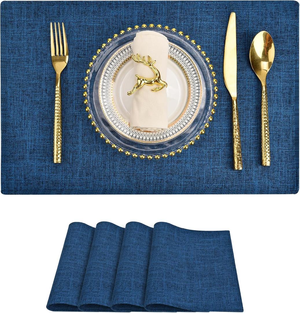SLKQG Navy Linen Fabric Placemats Set of 4, Heat Resistant & Machine Washable Double-Layered Cloth Placemats for Dining Table, Indoor/Outdoor Use, Non-Slip Kitchen Table Mats (4, Navy)