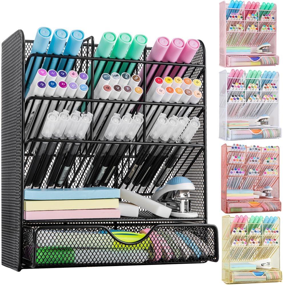 Spacrea Metal Pen Organizer, Pencil Holder for Desk, Desk Organizer with Drawer for School, Home, Art Supplies (Black)