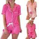 Women 2 Pieces Heart Floral Bow Pajama Sets Button-Down Short Sleeve Shirt Ruffle Short Sleepwear (XL)