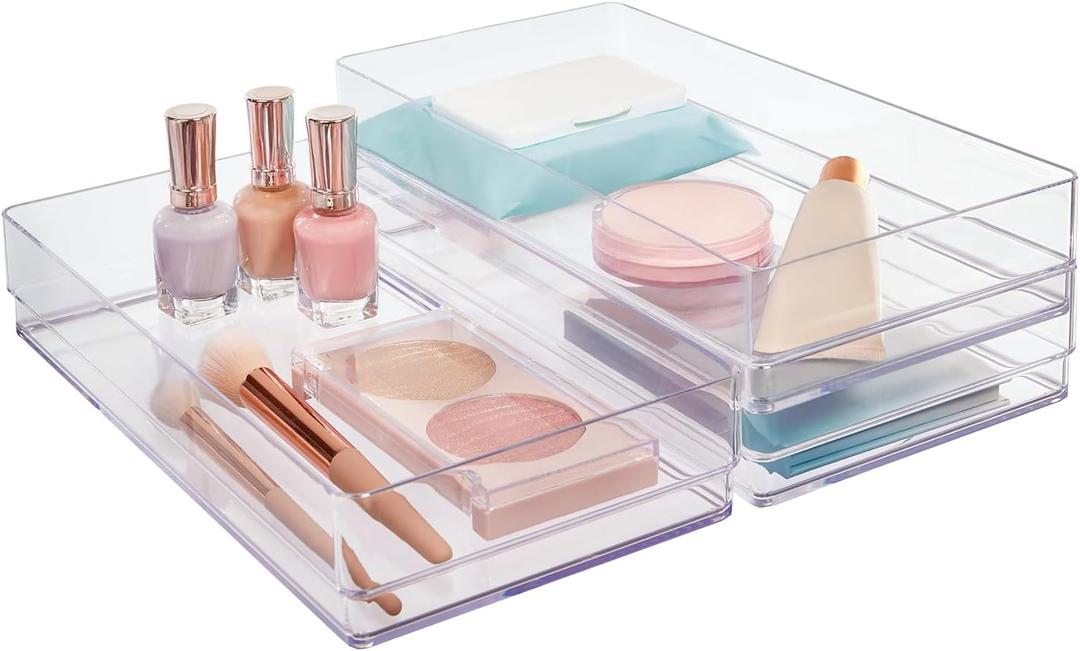 STORi SimpleSort 3-Piece Stackable Clear Drawer Organizer Set | 12" x 6" x 2" Rectangle Trays | Wide Makeup Vanity Storage Bins and Office Desk Drawer Dividers | Made in USA