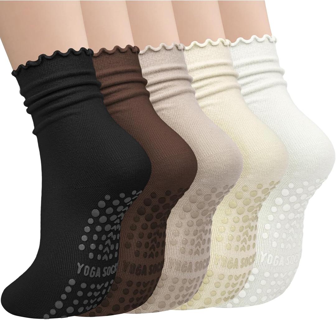 5 Pairs Pilates Socks with Grips for Women, Non Slip Cotton Ruffle Yoga Socks for Barre Workout Hospital