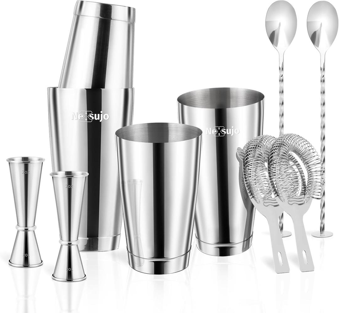 Boston Cocktail Shaker, 8-Piece Professional Shaker Set, Stainless Steel Bar Tools Set with Boston Shaker, Bar Spoon, Jigger, Hawthorne Strainer, Dishwasher Safe, Ideal Bartender Kit for Bar (Silver)