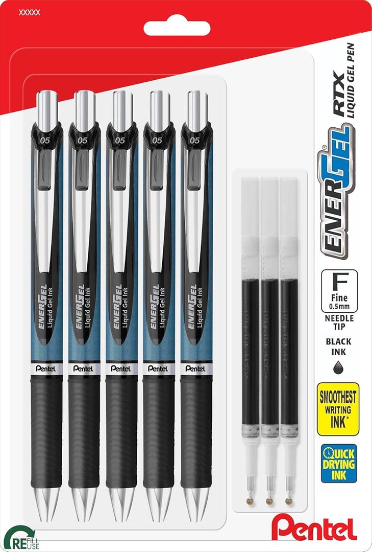 Pentel Energel 0.5 mm Needle Tip Pens - Energel RTX Retractable Liquid Gel Pen Set - Pack of 5 Black Pens & 3 Refills