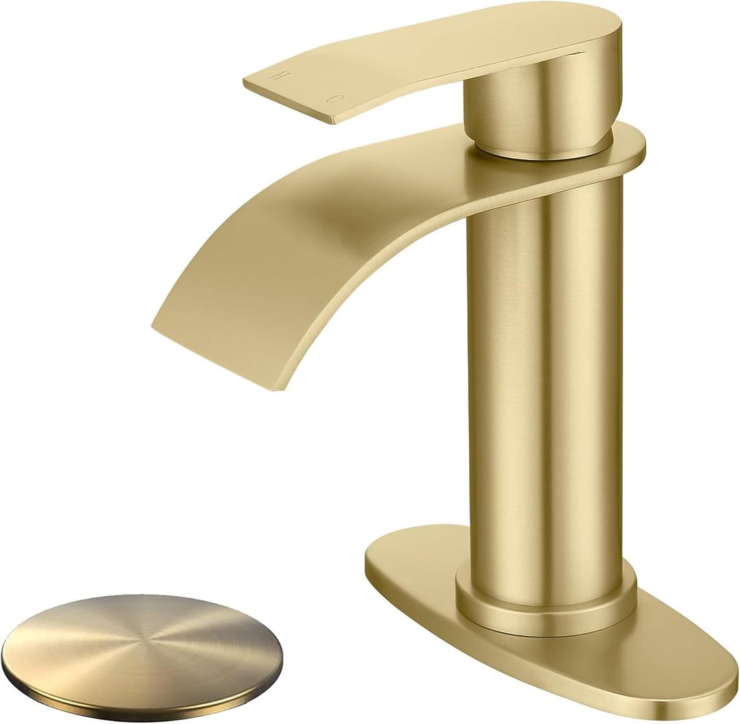 Brushed Gold Waterfall Bathroom Faucet Single Hole, Gold Bathroom Faucet for Sink 1 Hole with 6 in Deck Plate and Pop Up Drain and Supply Hose, Modern Bathroom Sink Faucet (Short)