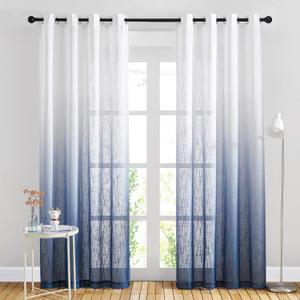 NICETOWN Linen Sheer Ombre Curtains for Living Room Bedroom, Grommet Gradient Semi Sheer Vertical Window Treatments Privacy with Light for Children Room, Navy Blue, W50 x L84, Set of 2