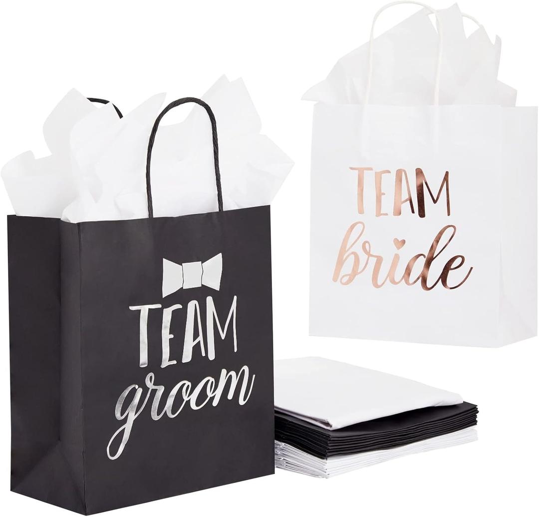 Juvale 20 Pack Bride and Groom Gift Bags with Tissue Paper for Wedding, Groomsmen, Bridesmaid, Reads Team Bride and Team Groom (8 x 4 x 9 In)