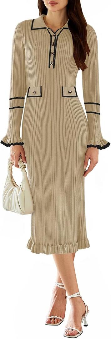 Pink Queen Women's V Neck Bodycon Sweater Dress 2025 Long Sleeve Half Button Slim Fitted Ruffle Ribbed Knit Maxi Pencil Dress (Large, Beige)