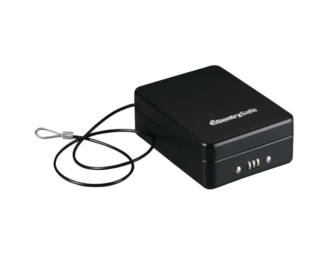 SentrySafe Small Safe, Black Lock Box with Combination Lock for Office or Dorm Secures Money, Passport, Jewelry, 0.05 Cubic Feet, Exterior: 2.6 in. H x 5.9 in. W x 8.0 in. D, ‎P005C