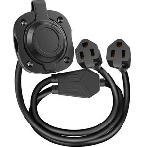 WELLUCK RV Shore Power Inlet Charger Plug 15 Amp 125V AC Power Inlet Port Plug with Integrated Dual 18" Extension Cord, RV Flanged Inlet with Waterproof Back Cover Y Splitter Cable for RV Trailer Boat