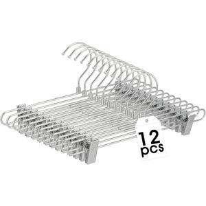 12 Pcs Metal Chrome Pant & Skirt Hanger Set with 360-degree Swivel Hooks, Metal Pant Hangers with 2-Adjustable Clip Anti-Rust Hangers for Skirt, Jeans, Slacks & Trousers