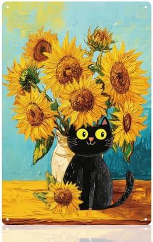 Sunflower and Cute Black Cat Wall Art Decor Metal Sign, Vintage Metal Tin Poster for Home Bedroom Living Room Dorm Decor Gift 8 x 12 Inch