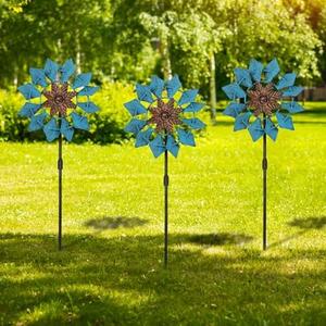 Aoutrow 3 Pack Wind Spinners with Metal Stake, 16.3 Inches Yard Garden Sculptures for Outdoor Spring Decoration Lawn Patio Wind Catcher Windmill (Blue Flower)