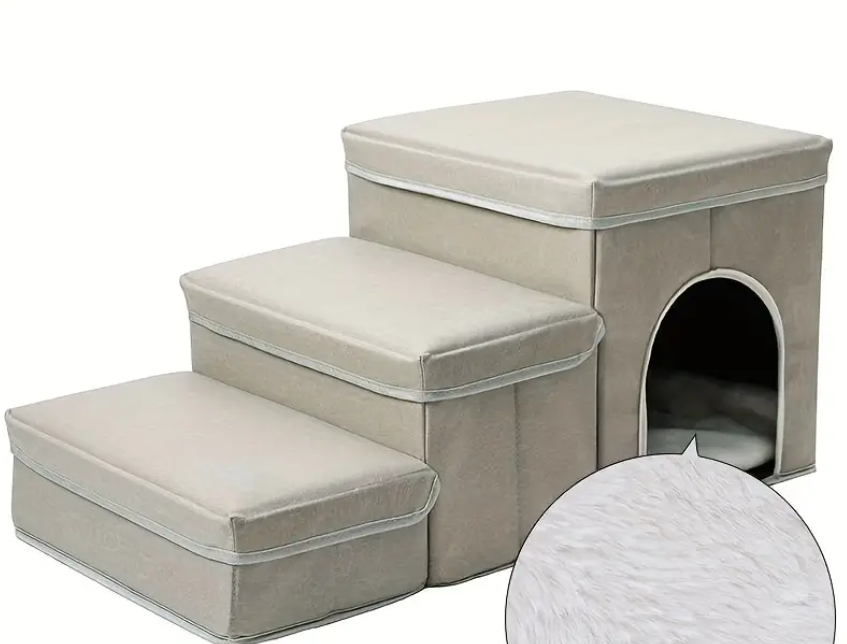 Dog Stairs for High Beds, Folding Pet Steps for Small Dogs and Cats with Storage and Condo, Non-Slip Dog Steps for Couch and Bed up to 22 inches(3 Steps, Beige)