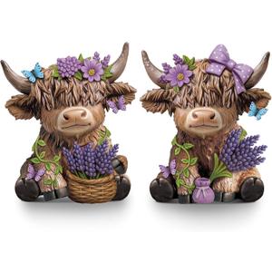 Wesiti 2 Pcs Mother's Day Lavender Highland Cow Figurines Gifts for Mom, Purple Scottish Gnome Resin Statue for Spring Summer Home Garden Kitchen Office Tiered Tray Decor
