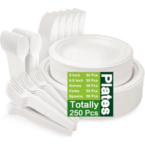 250 Piece Compostable Plates, Sugarcane Paper Plates with Extra Long Utensils, Eco Friendly Disposable Dinnerware Set Biodegradable Cutlery, Spoons, Forks and Knives for Party, Camping, Picnic(White)