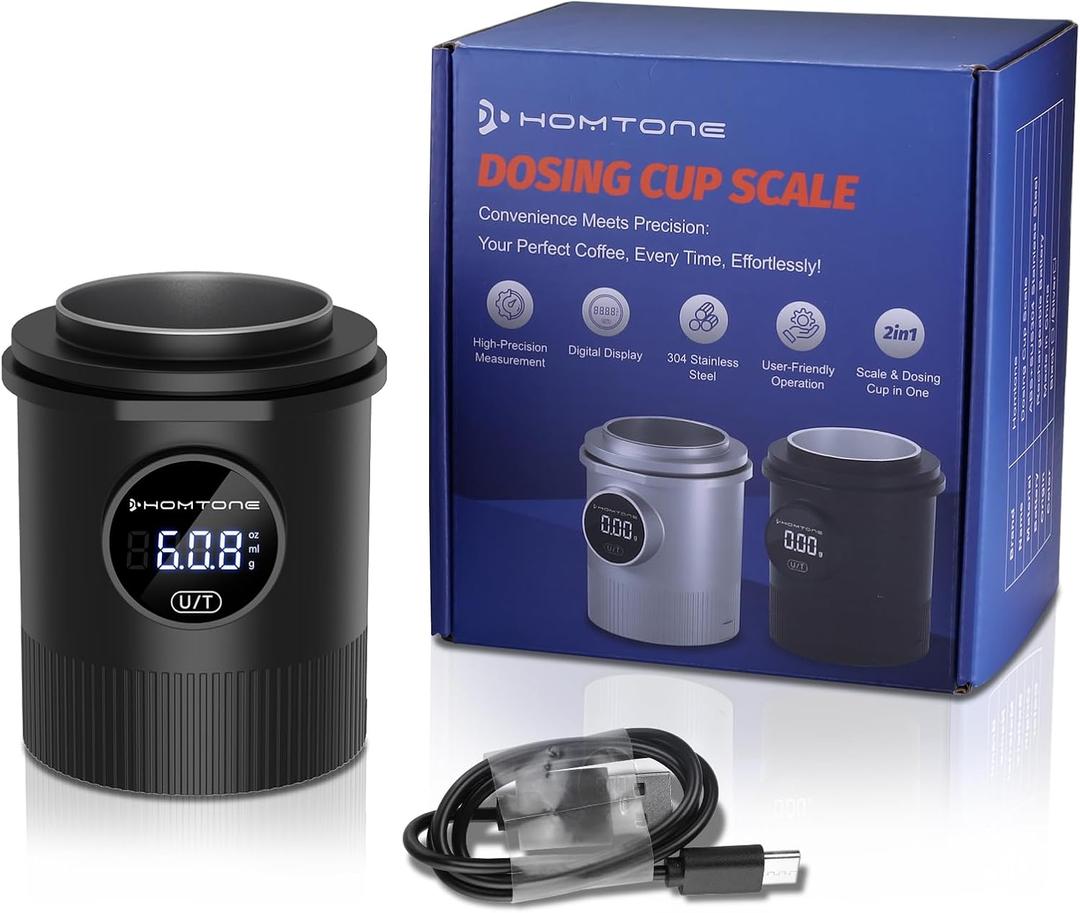 Espresso Dosing Cup & Digital Scale Combo - 0.05g Precision, USB-C Rechargeable, 58mm Portafilter Compatible - Stainless Steel Interior, Black