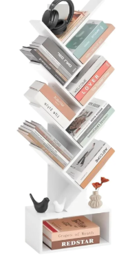 Tree Bookshelf - 6 Shelf Retro Floor Standing Bookcase, Tall Wood Book Storage Rack for CDs/Movies/Books, Utility Book Organizer Shelves for Bedroom, Living Room, Home Office, White