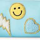 LieToi Preppy Patch Small Toiletry Bag, Smile Lightning Heart PU Leather Portable Waterproof Makeup Cosmetic Bag Daily Use Storage Purse Travel Organizer Compliant Bag for Women Girls (Canal Blue)