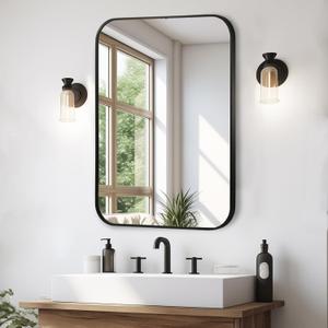 Matte Black Mirror, 16"x24" Rectangle Bathroom Mirror, Metal Frame Rectangle Corner Vanity Mirror, Wall Mounted Mirror for Modern, Living Room, Bedroom, Horizontal Or Vertical