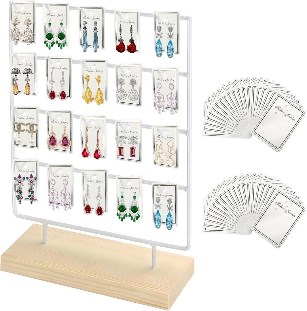 Earring Display Stand for Selling, Wood Earring Rack Display Holder Stand, 4 Tier 20 Hooks Jewelry Display for Selling with 40pcs Earring Cards, Bracelets, Rings, Necklaces