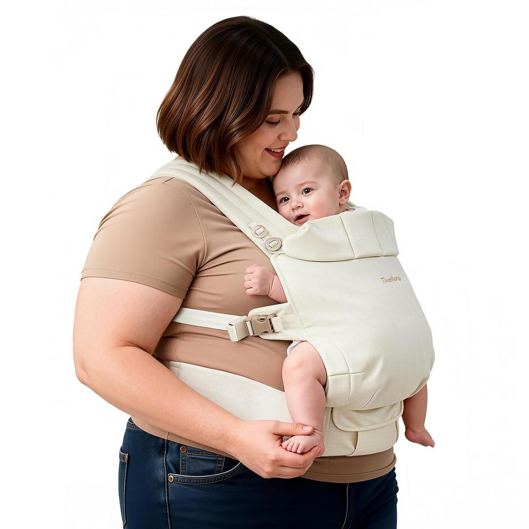 Tivellary Plus-Size Baby Carrier, Widened Shoulder & Extended Waist Straps Up to 68", Reinforced Lumbar Support, Linen-Touch Fabric, Ergonomic “M” Position for Newborn to Toddler (7–44 lbs)