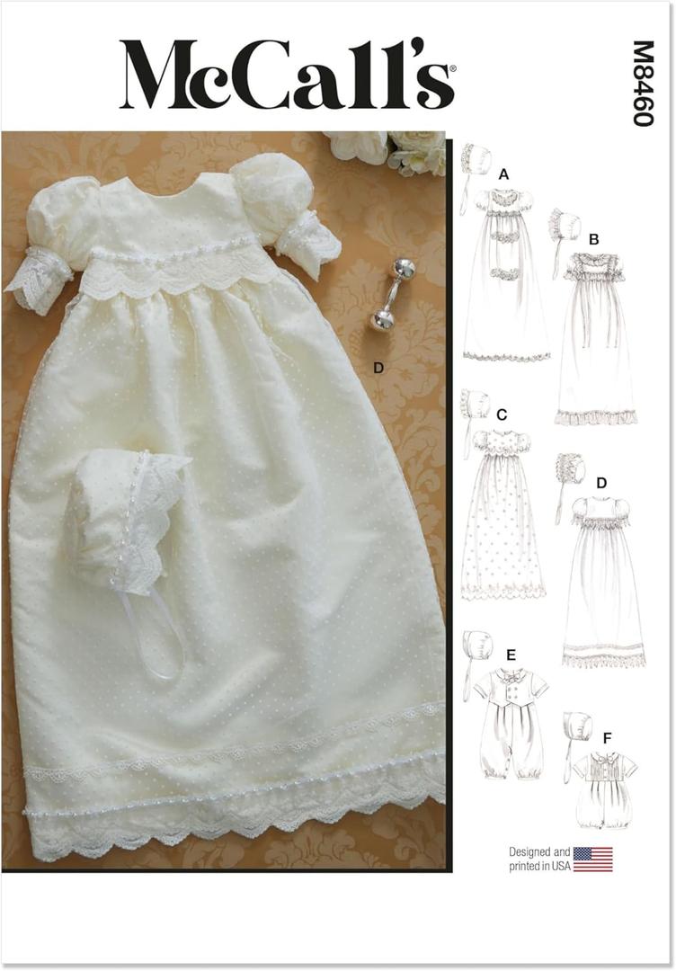 McCall's M8460A Infant's Christening Gown, Romper and Bonnet Sewing Pattern Packet, Design Code M8460, Sizes NB-S-M-L