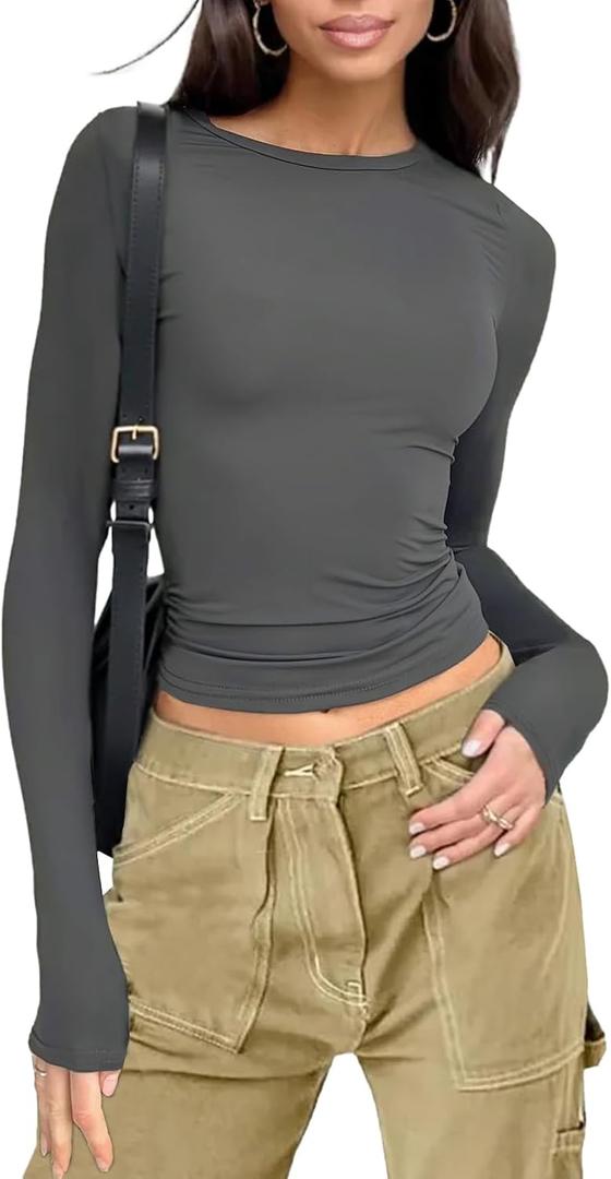 Womens Long Sleeve Shirts Basic Tees Y2k Slim Fit T Shirt Crew Neck Trendy Crop Top Casual (Large, 03#deep Grey)