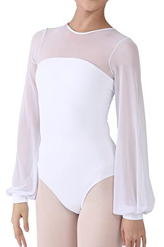 Dance Elite Aisling Mesh Shoulder and Sleeves Dance Leotard For Women Ballet (White, Adult S)