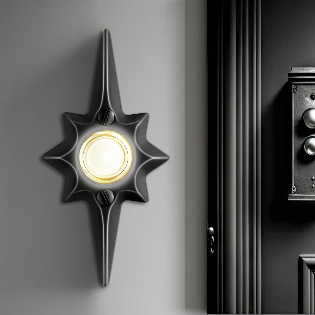Saillong 1 Pack Doorbell Button, Metal Push Button Doorbell, Doorbell Button Wired Replacement, Doorbell Lighted, White Light Wall Mounted Starburst Door Bell Buttons(Black)