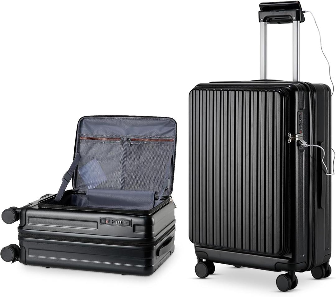 Carry-on with Cup Holder & USB Port Carry on Luggage Durable Luggage Suitcase Lightweight Hardside Luggage with TSA lock & Phone Holder 360° double spinner Wheels (K005-Black=20Inch, Small)