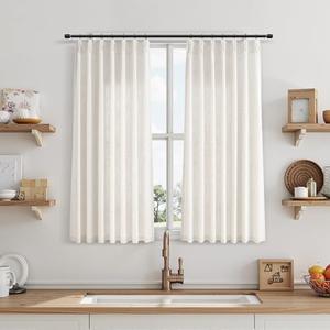 Joywell Kitchen Window Curtains 40 Inch Length - Short Linen Pinch Pleated Drapes 2 Panels, Natural Cream Semi Sheer Light Filtering Privacy Small Curtain with Back Tab Clip Rings 34x40