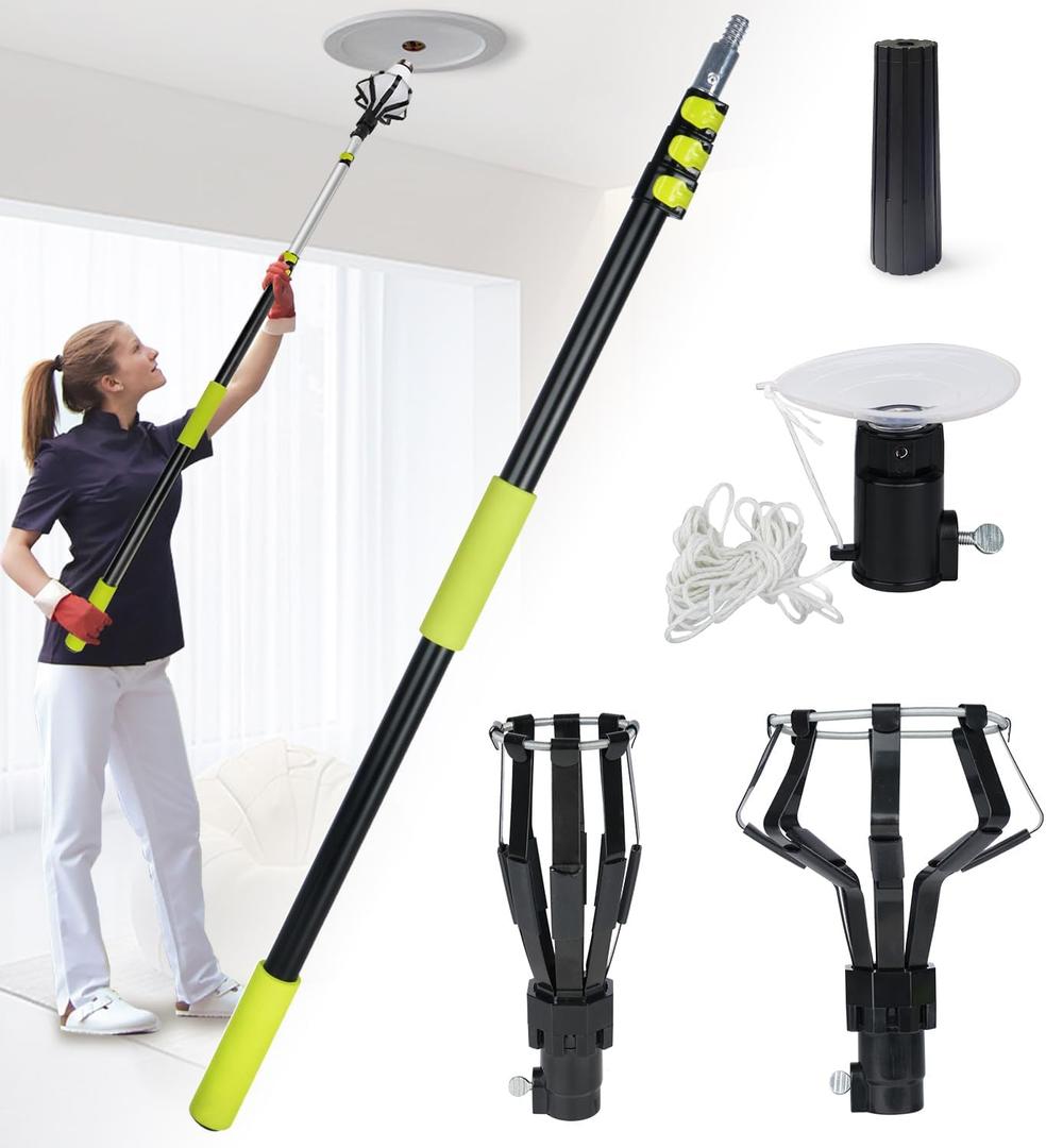 Light Bulb Changer Pole Kit 3 FT to 12 FT Telescoping Extension Pole with 2 Baskets and Suction Cup for High Ceilings and Recessed Lights Lightbulb Removal Changing