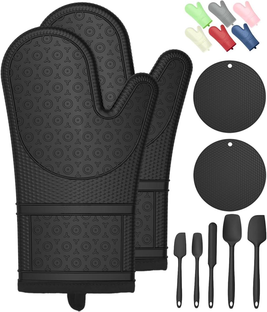 Oven Mitts with Heat-Resistant Hot Pads and Five Silicone Spatulas Designed for Kitchen Baking Cooking, Oven Glove Soft Cotton Lining, Waterproof, BPA-Free (Gun Black)