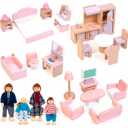 Kizfarm Wooden Dollhouse Furniture Set with 4 Family Dolls, 26 Pcs Pretend Play Dollhouse Accessories for 4 Rooms, Pink Furniture Toys Birthday Gifts for Girls Boys Age 3+