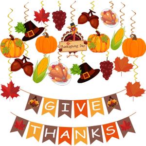 42Pcs Thanksgiving Decorations Pre-Assembled GIVE THANKS Banner Hanging Swirls for Indoor Home Party Office Classroom School Fall Decor