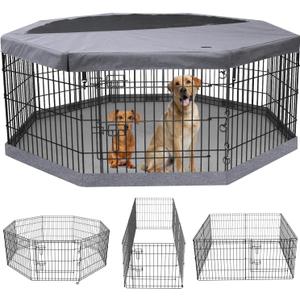PETIME Foldable Metal Dog Exercise Pen/Pet Puppy Playpen Kennels Yard Fence Indoor/Outdoor 8 Panel 24" W with Top Cover and Bottom Pad (Playpen+Bottom+Top Cover, 8 Panels 36" H)