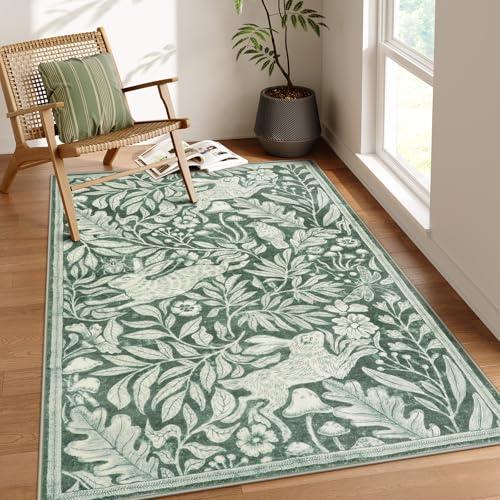 Lahome Rabbit 5x7 Washable Rugs for Living Room, Animal Soft Rugs for Dining Room, Whimsical Forest Woodland Print Green Carpet for Bedroom, Nature Non Shedding Non Slip Carpets Accent Rug