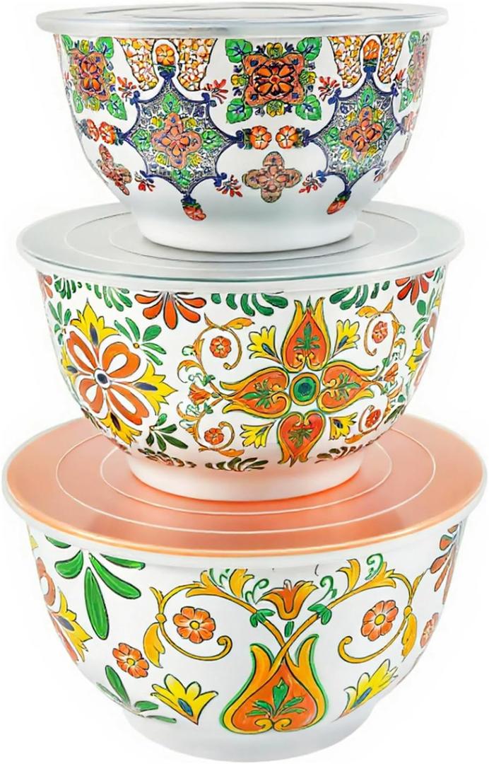 TP Large Mixing Bowl Set with Lids, Melamine Nesting Bowls Set for Pasta Baking Salad Mixing, Set of 3, Aztec Bloom TP Large Mixing Bowl Set with Lids, Melamine Nesting Bowls Set for Pasta Baking Salad Mixing, Set of 3, Aztec Bloom