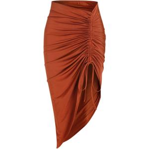 ZAFUL Women's Boho Skirt Asymmetrical Skirts Tied Floral Paisley Printed High Waist Ruched Skirts for Women (Large, Ba-brick Red)