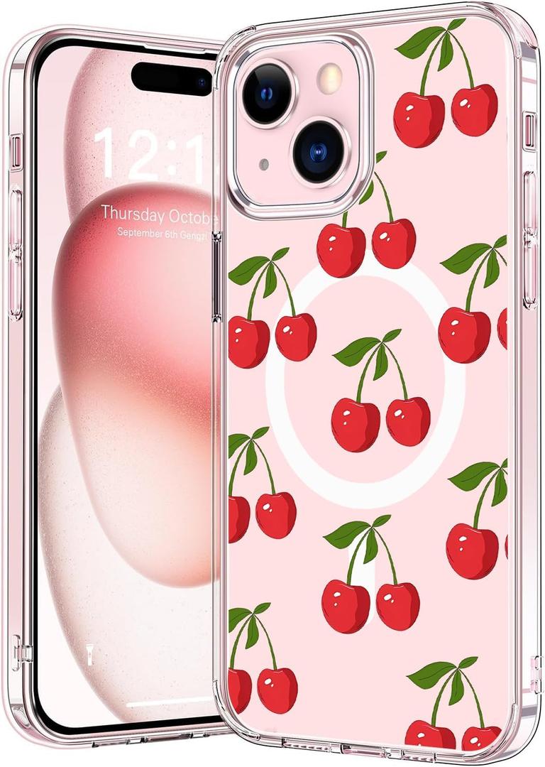 Magnetic for iPhone 15 Case, Cute Kawaii Girly Cherry-A Phone Case Compatible with MagSafe, Clear Soft Slim Fit Shockproof Protective Case for Women Girls for iPhone 15
