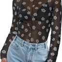 Women's Sheer Floral Long Sleeve Layering Top Ruffled Mock Neck Sheer Blouse for Casual Brunch Party Club Night Date Outfits, L, Floral Black Light