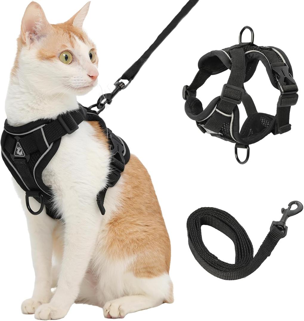 Cat Harness and Leash, Reflective Cat Harness Escape Proof for Walking, Adjustable Kitten Harness and Leash Set, 4 Buckles Easy Control Breathable Cat Vest Harness for All Types of Cats (Large, Black)