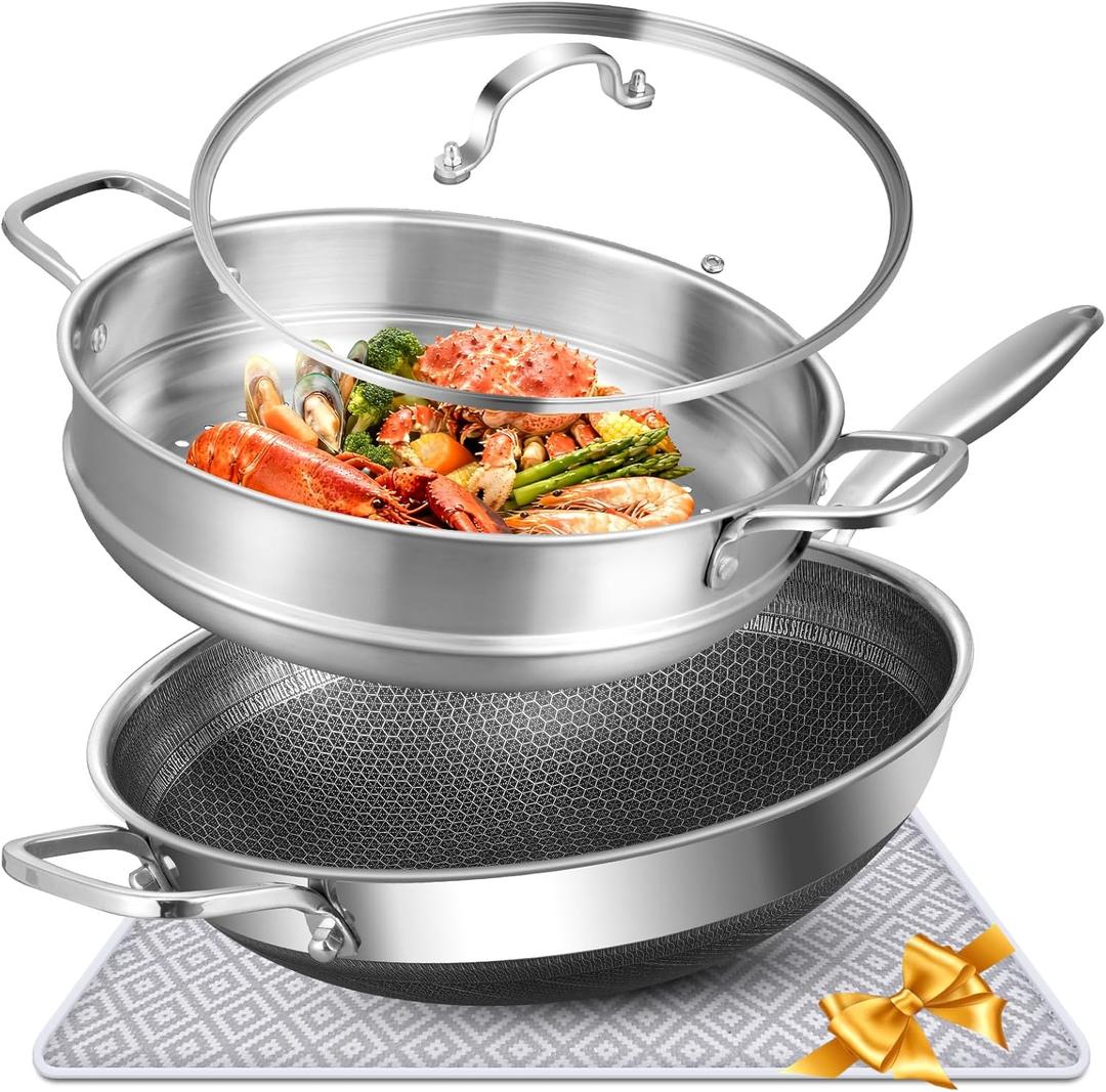 AOSION Hybrid 13 inch Stainless Steel Wok with Steamer, PFOA Free Cookware, Nonstick Wok Pan & Stir-Fry Pans with Lid and Draining Mat, Works on Induction, Dishwasher & Oven Safe