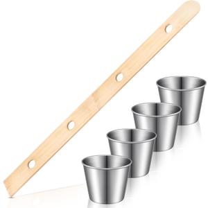 1 Set 5 ft Shot Board with 4 Stainless Steel Shot Glass Set 4 Person Drinking Retro Vintage Rustic Wood Drinking Board for Vacations Weddings Bar Family Gathering Celebrations Party (Beige)