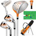 Kids Golf Clubs Set for Ages 6-8,Right Handed Junior Golf Clubs 7 Piece Set with 400cc Driver,7 Iron,9 Iron,Putter,Stand Bag,Headcover & Practice Mat,Kids Golf Set for Height 3'10"-4'4",Blue Orange