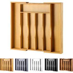 Expandable Bamboo Kitchen Drawer Organizer for Cutlery and Utensils, Adjustable Bamboo Wood Cutlery Tray in Drawer for Flatware and Silverware in Kitchen, (Natural) (7 Slots Expandable)